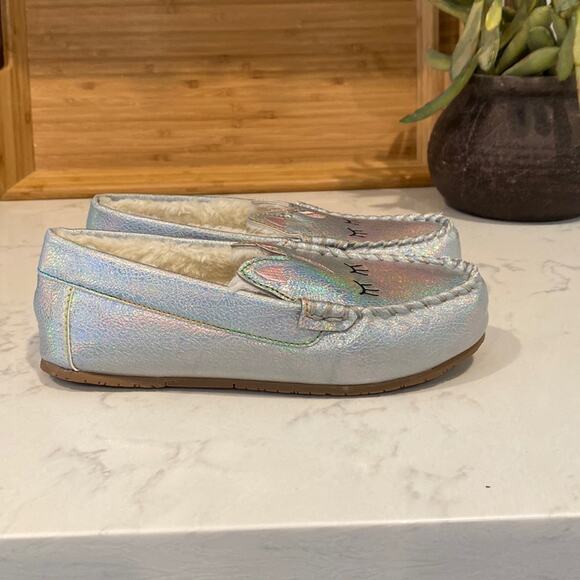 Lands' End Sleeping Unicorn Iridescent Girls Moccasin Slippers size 4 whimsical - Picture 2 of 8